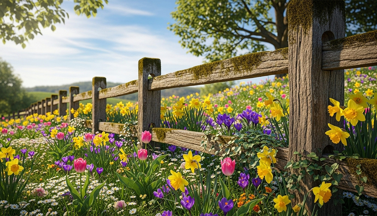 Wooden fence and spring flowers in daffodils and tulips